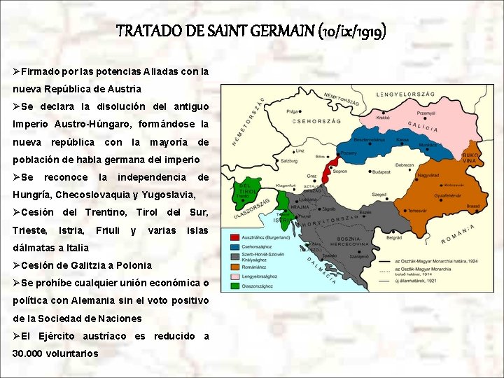 TRATADO DE SAINT GERMAIN (10/ix/1919) ØFirmado por las potencias Aliadas con la nueva República