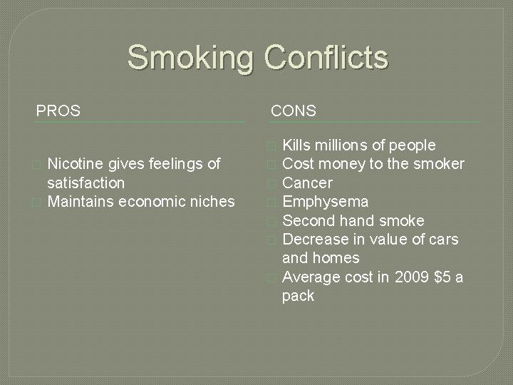 Smoking Conflicts PROS CONS � � � Nicotine gives feelings of satisfaction Maintains economic