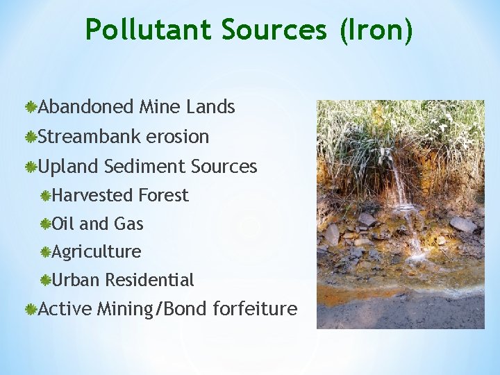 Pollutant Sources (Iron) Abandoned Mine Lands Streambank erosion Upland Sediment Sources Harvested Forest Oil