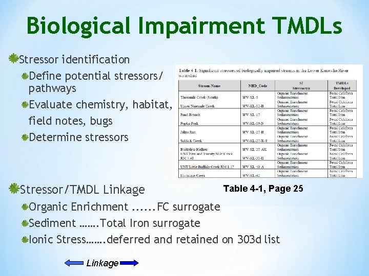 Biological Impairment TMDLs Stressor identification Define potential stressors/ pathways Evaluate chemistry, habitat, field notes,