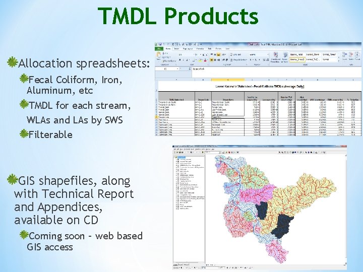 TMDL Products Allocation spreadsheets: Fecal Coliform, Iron, Aluminum, etc TMDL for each stream, WLAs