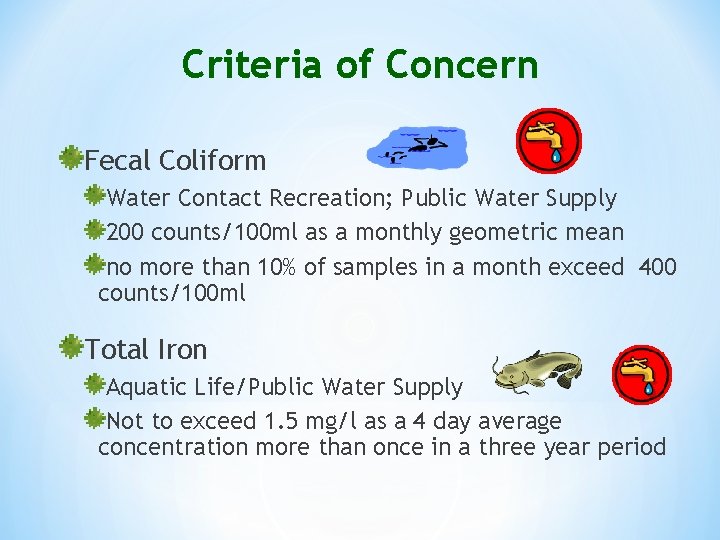 Criteria of Concern Fecal Coliform Water Contact Recreation; Public Water Supply 200 counts/100 ml