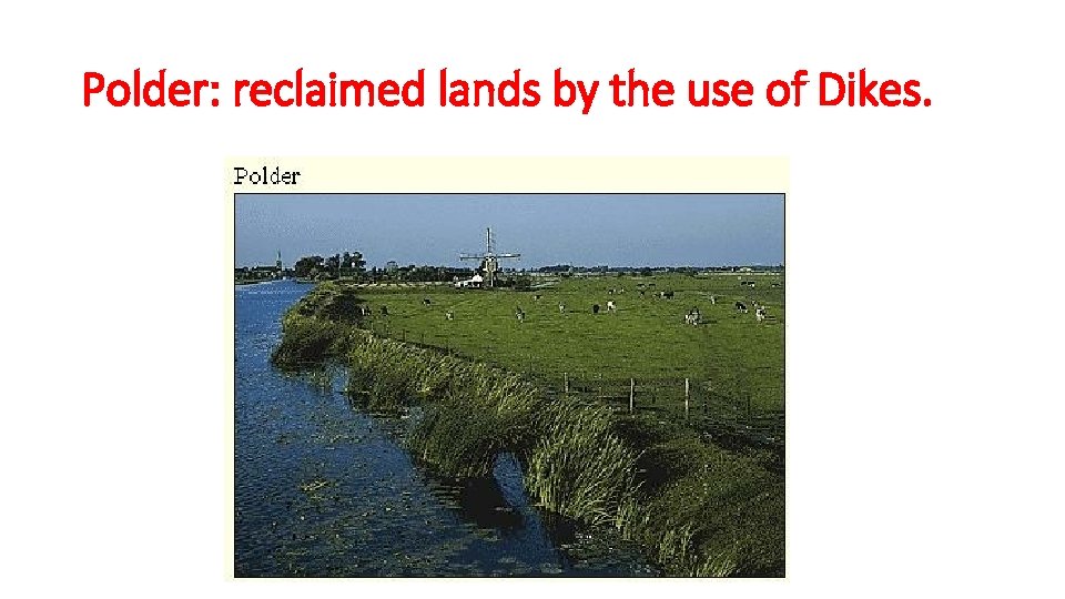 Polder: reclaimed lands by the use of Dikes. 