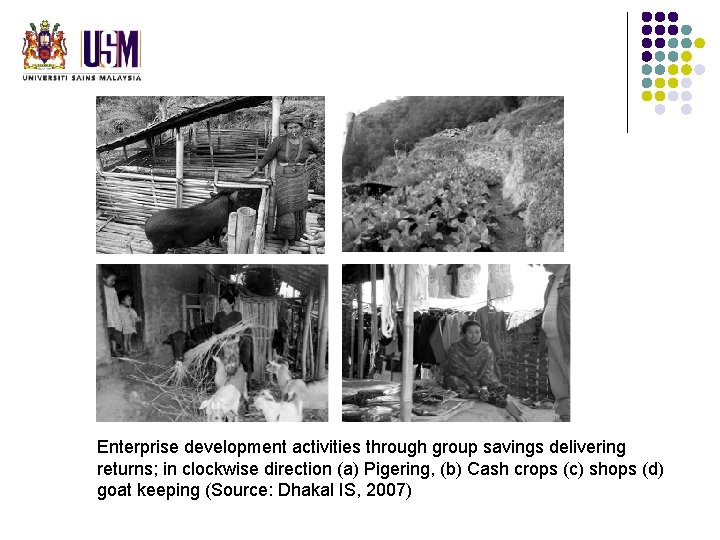 Enterprise development activities through group savings delivering returns; in clockwise direction (a) Pigering, (b) Enterprise development activities through group savings delivering returns; in clockwise direction (a) Pigering, (b)