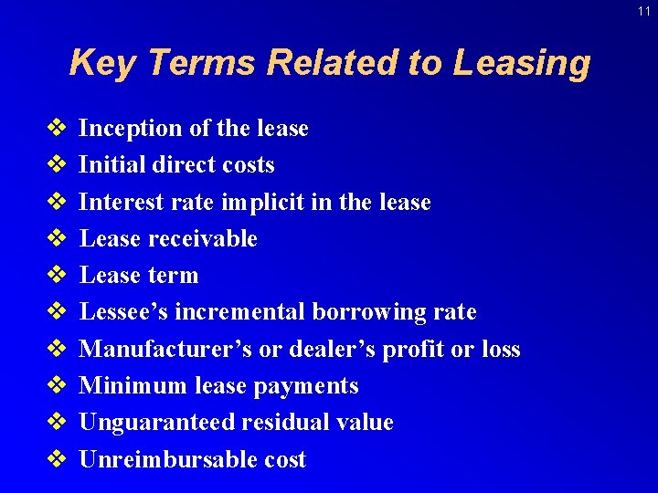 11 Key Terms Related to Leasing v v v v v Inception of the