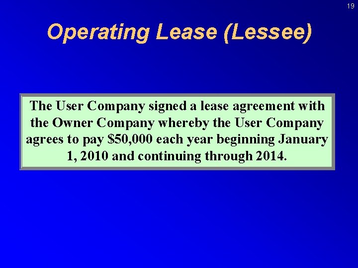 19 Operating Lease (Lessee) The User Company signed a lease agreement with the Owner