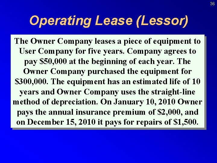 36 Operating Lease (Lessor) The Owner Company leases a piece of equipment to User