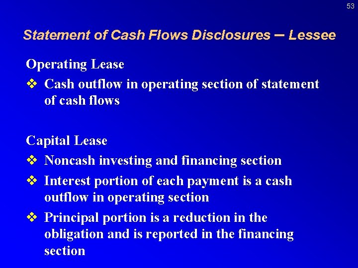 53 Statement of Cash Flows Disclosures – Lessee Operating Lease v Cash outflow in