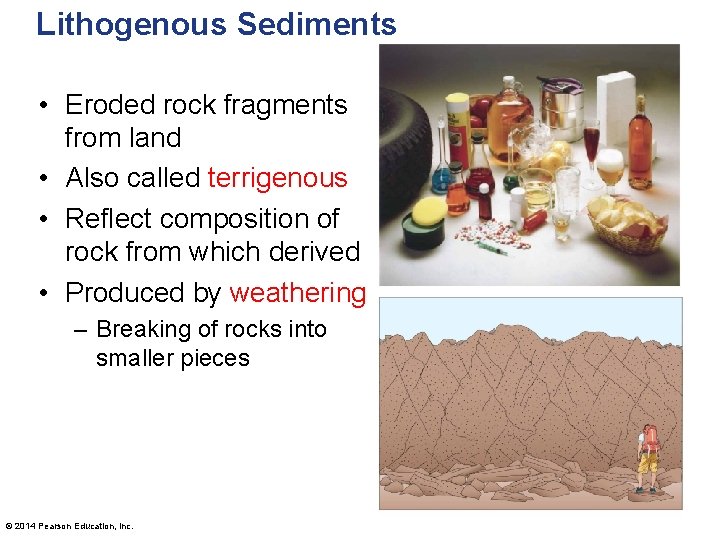 Lithogenous Sediments • Eroded rock fragments from land • Also called terrigenous • Reflect