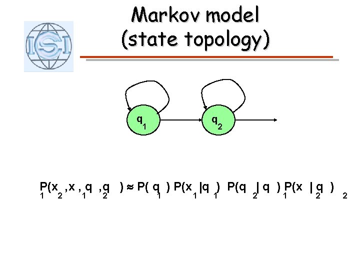 Markov model (state topology) q q 1 2 P(x , q , q )