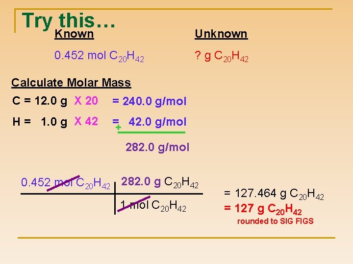 Try Known this… Unknown 0. 452 mol C 20 H 42 ? g C