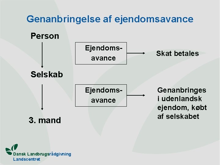 Genanbringelse af ejendomsavance Person Ejendomsavance Skat betales Selskab Ejendomsavance 3. mand Dansk Landbrugsrådgivning Landscentret