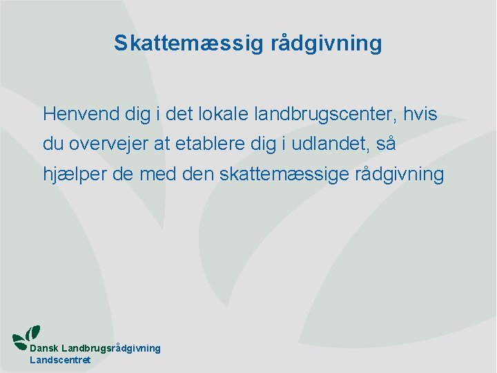 Skattemæssig rådgivning Henvend dig i det lokale landbrugscenter, hvis du overvejer at etablere dig