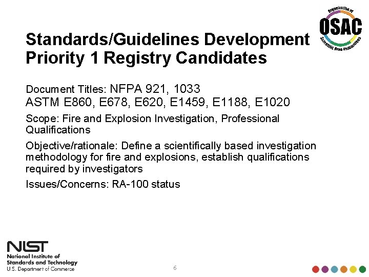 Standards/Guidelines Development Priority 1 Registry Candidates Document Titles: NFPA 921, 1033 ASTM E 860,