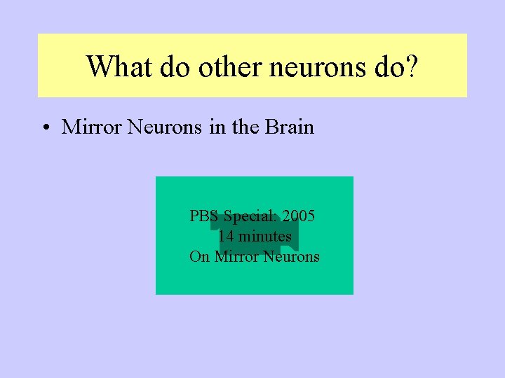 What do other neurons do? • Mirror Neurons in the Brain PBS Special: 2005 What do other neurons do? • Mirror Neurons in the Brain PBS Special: 2005