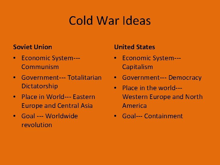 Cold War Ideas Soviet Union United States • Economic System--Communism • Government--- Totalitarian Dictatorship