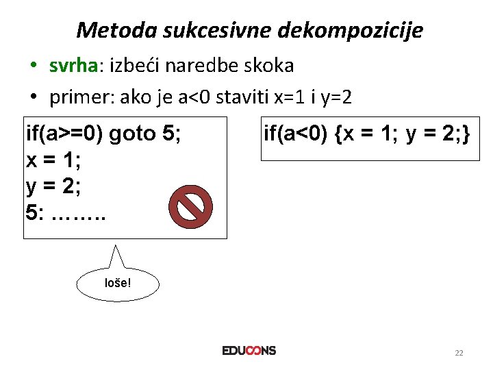 Metoda sukcesivne dekompozicije • svrha: izbeći naredbe skoka • primer: ako je a<0 staviti