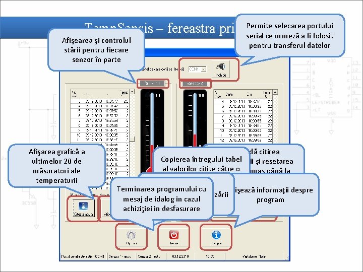 Permite selecarea portului Temp. Sensis – fereastra principală serial ce urmeză a fi folosit