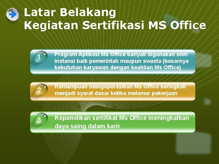 Latar Belakang Kegiatan Sertifikasi MS Office 1 Program Aplikasi Ms Office banyak digunakan oleh