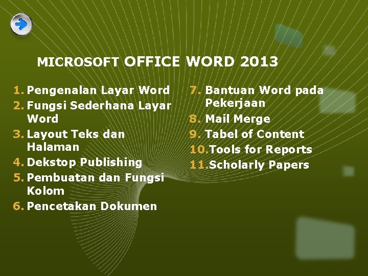 MICROSOFT OFFICE WORD 2013 1. Pengenalan Layar Word 2. Fungsi Sederhana Layar Word 3.