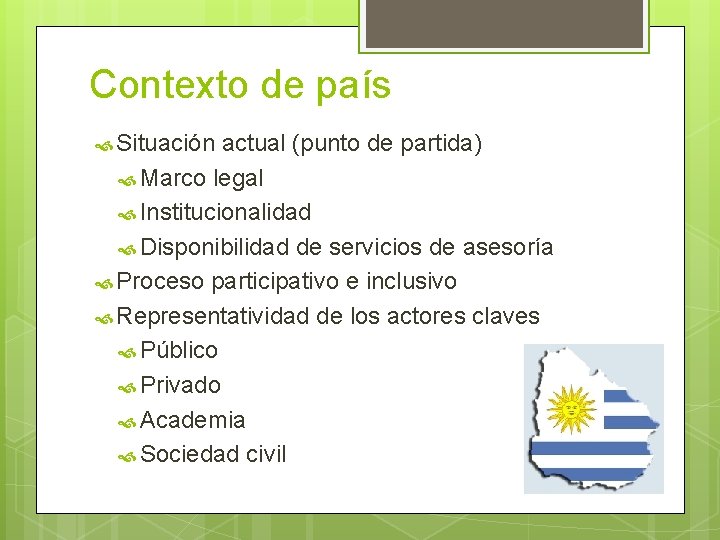 Contexto de país Situación actual (punto de partida) Marco legal Institucionalidad Disponibilidad de servicios