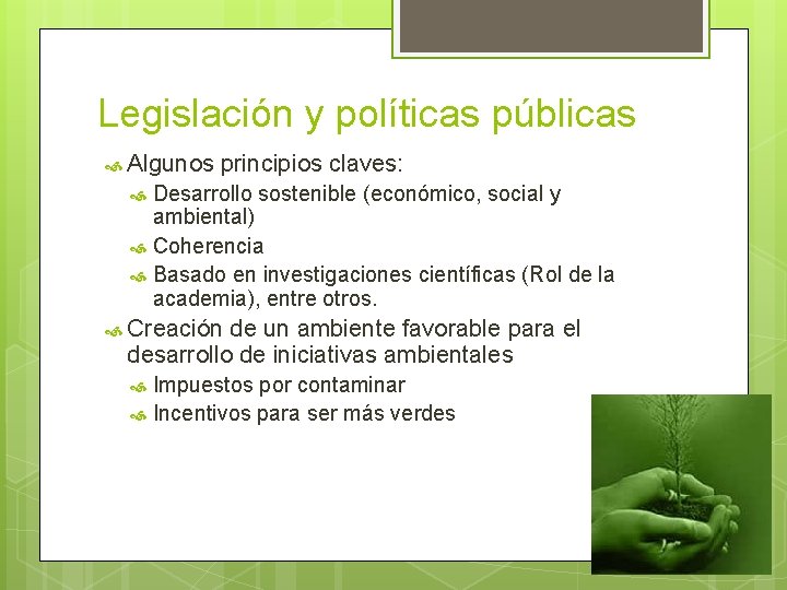 Legislación y políticas públicas Algunos principios claves: Desarrollo sostenible (económico, social y ambiental) Coherencia