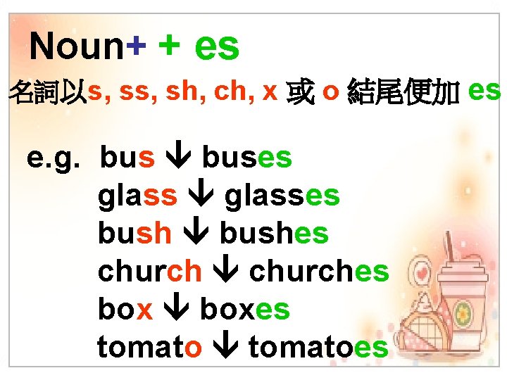 Noun+ + es • 名詞以s, sh, ch, x 或 o 結尾便加 e. g. buses