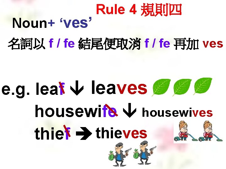 Noun+ ‘ves’ Rule 4 規則四 名詞以 f / fe 結尾便取消 f / fe 再加