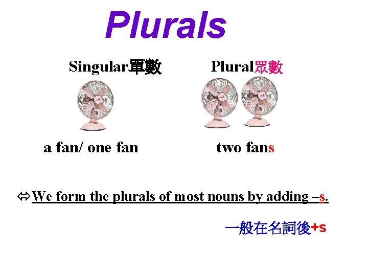 Plurals Singular單數 a fan/ one fan Plural眾數 two fans We form the plurals of