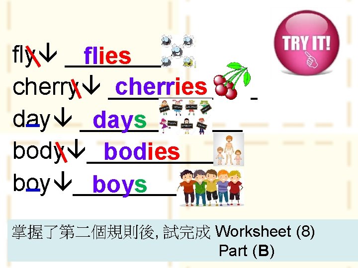 fly _____ flies cherry ______ cherries day ______ days body _____ bodies boy ______