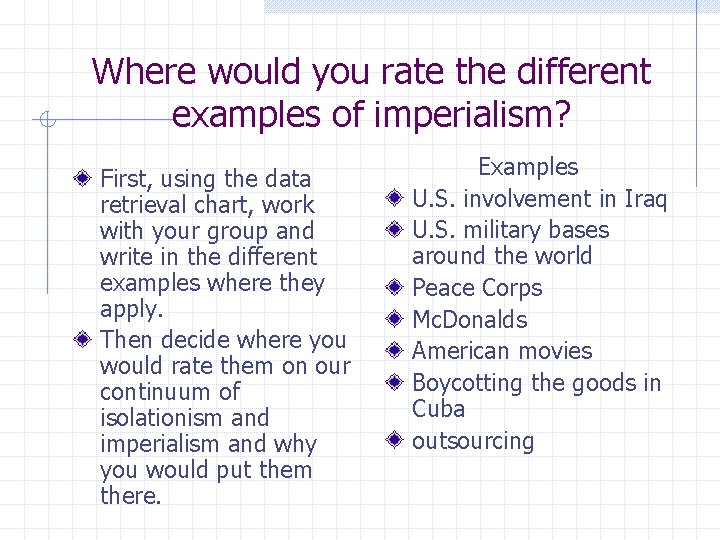 Where would you rate the different examples of imperialism? First, using the data retrieval