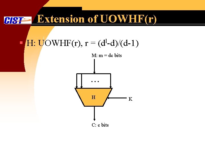 Extension of UOWHF(r) § H: UOWHF(r), r = (dl-d)/(d-1) M: m = dc bits