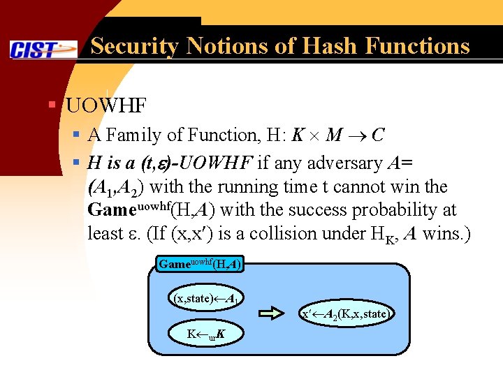 Security Notions of Hash Functions § UOWHF § A Family of Function, H: K