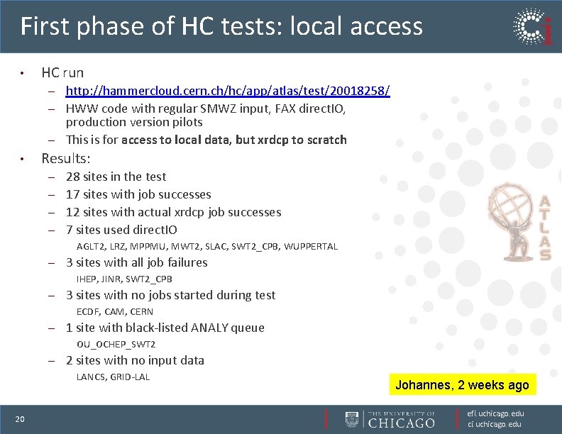 First phase of HC tests: local access • HC run http: //hammercloud. cern. ch/hc/app/atlas/test/20018258/