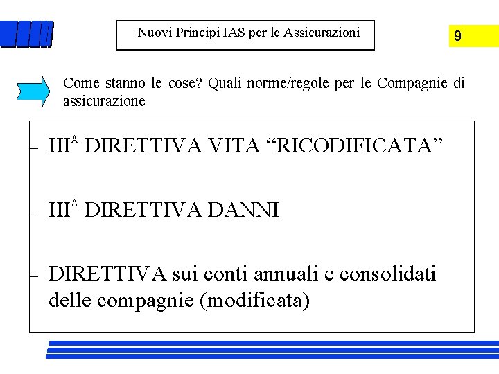 Nuovi Principi IAS per le Assicurazioni 9 Come stanno le cose? Quali norme/regole per