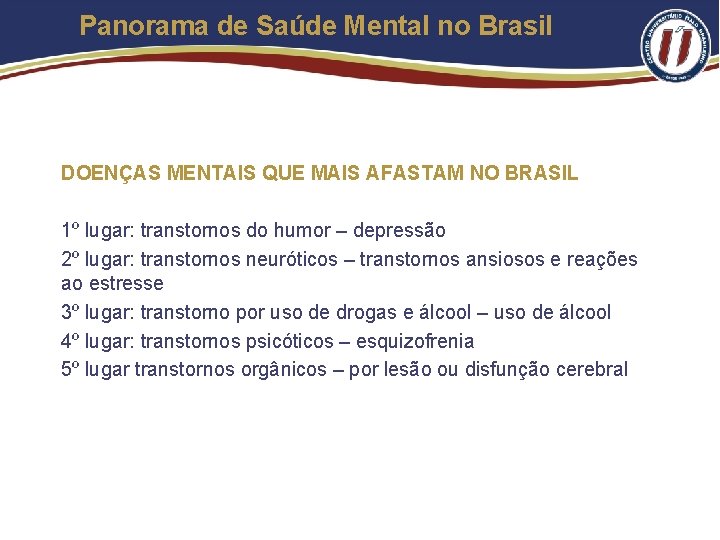 Panorama de Saúde Mental no Brasil DOENÇAS MENTAIS QUE MAIS AFASTAM NO BRASIL 1º