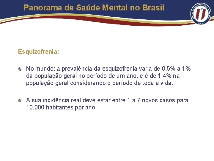 Panorama de Saúde Mental no Brasil Esquizofrenia: No mundo: a prevalência da esquizofrenia varia