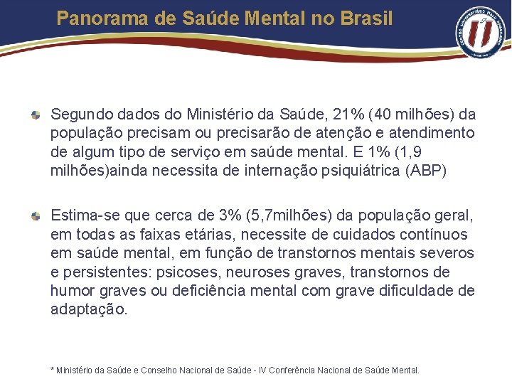 Panorama de Saúde Mental no Brasil Segundo dados do Ministério da Saúde, 21% (40