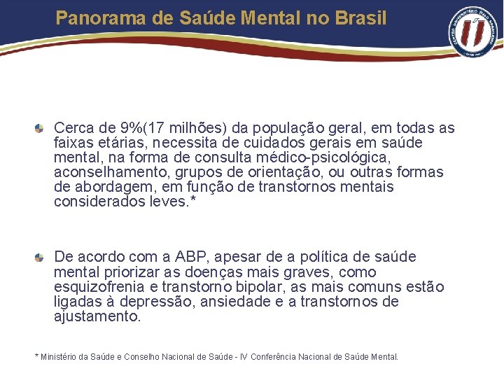 Panorama de Saúde Mental no Brasil Cerca de 9%(17 milhões) da população geral, em