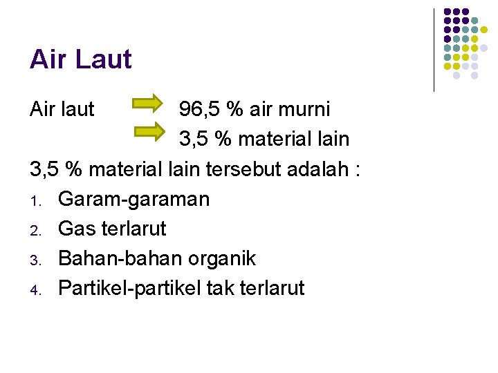 Air Laut Air laut 96, 5 % air murni 3, 5 % material lain