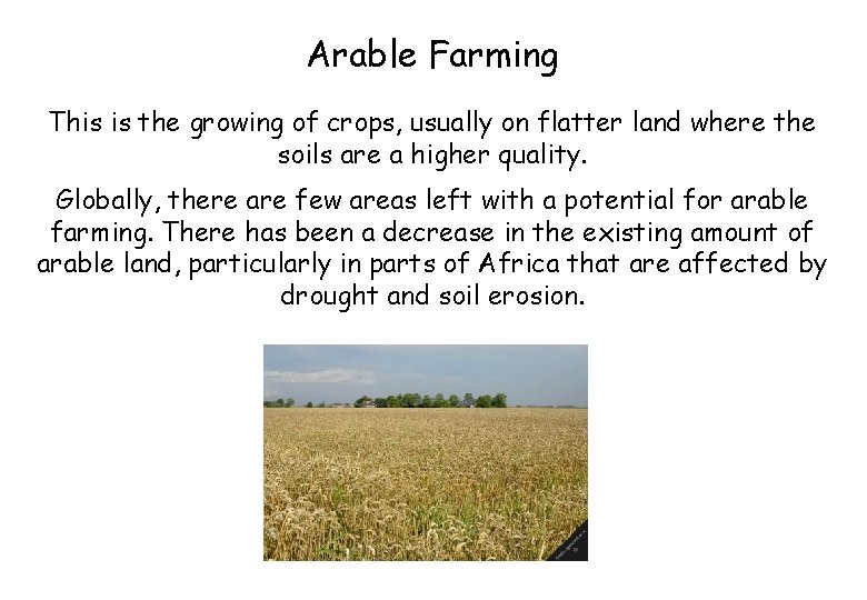 Arable Farming This is the growing of crops, usually on flatter land where the