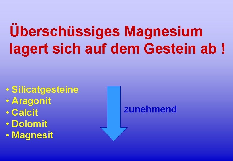 Überschüssiges Magnesium lagert sich auf dem Gestein ab ! • Silicatgesteine • Aragonit •