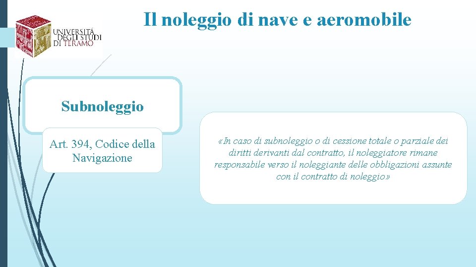 Il noleggio di nave e aeromobile Subnoleggio Art. 394, Codice della Navigazione «In caso