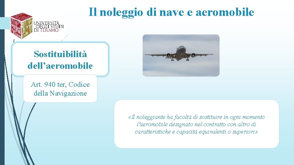 Il noleggio di nave e aeromobile Sostituibilità dell’aeromobile Art. 940 ter, Codice della Navigazione