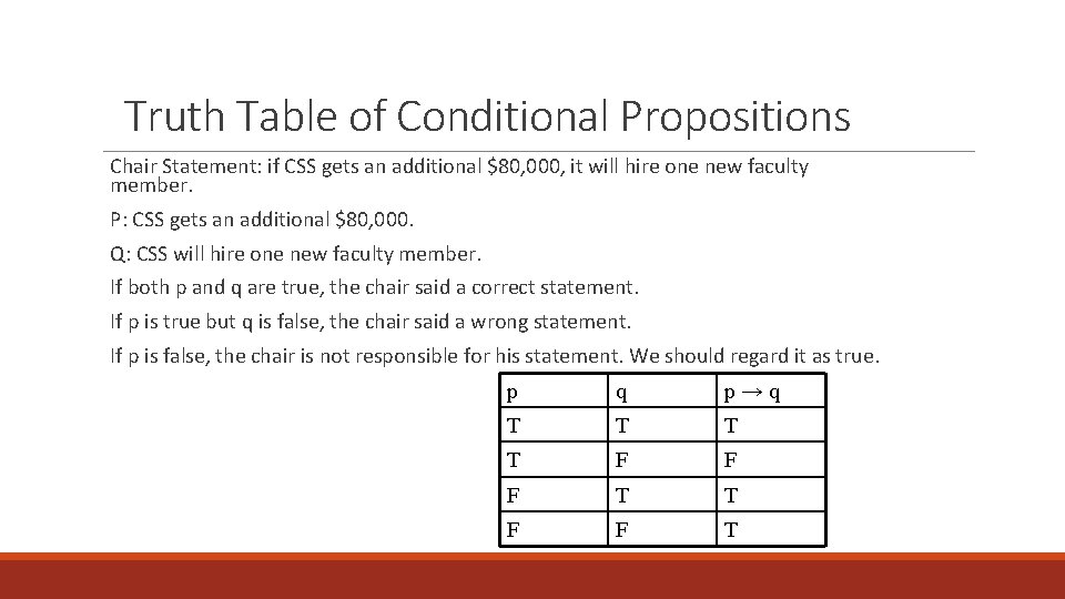 Truth Table of Conditional Propositions Chair Statement: if CSS gets an additional $80, 000,