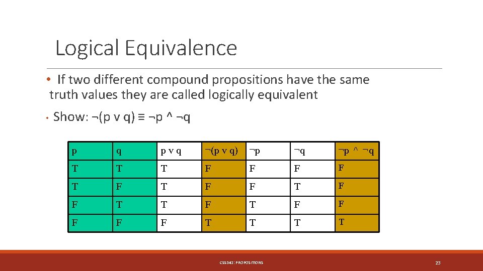 Logical Equivalence • If two different compound propositions have the same truth values they