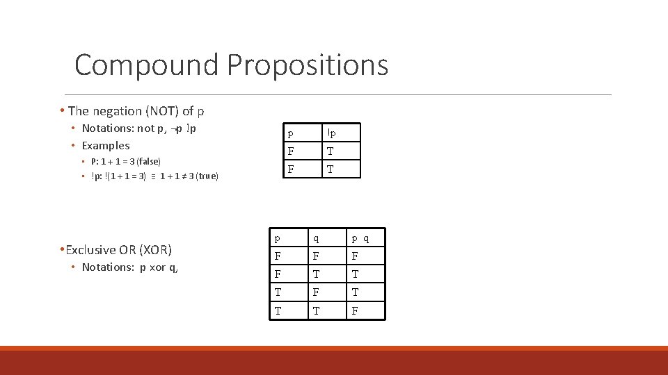 Compound Propositions • The negation (NOT) of p • Notations: not p, ¬p !p