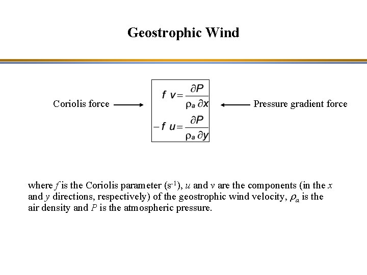 Geostrophic Wind Coriolis force Pressure gradient force where f is the Coriolis parameter (s-1),