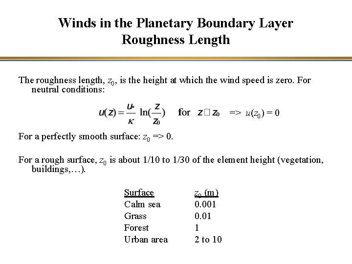 Winds in the Planetary Boundary Layer Roughness Length The roughness length, z 0, is