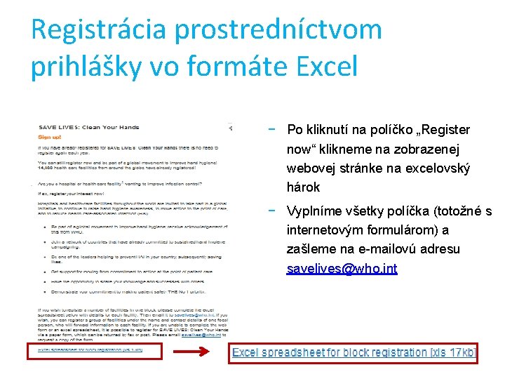 Registrácia prostredníctvom prihlášky vo formáte Excel − Po kliknutí na políčko „Register now“ klikneme